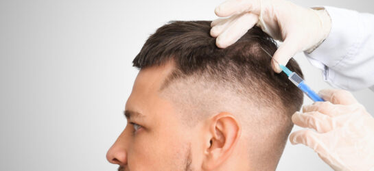 Das Bild zeigt einen Mann, der eine Haarbehandlung erhält. Ein Arzt trägt medizinische Handschuhe und injiziert eine Flüssigkeit mit einer Spritze in die Kopfhaut des Patienten, spezifisch in den Bereich des Oberkopfs, der auf Haarausfall hinweist. Diese Art der Behandlung könnte eine Eigenbluttherapie (PRP) sein, bei der Plasma aus dem eigenen Blut des Patienten in die Kopfhaut injiziert wird, um das Haarwachstum anzuregen. Die Behandlung wird bei Dermacare Wien angeboten, einem führenden Anbieter für ästhetische Behandlungen, einschließlich Haartransplantation Wien und PRP-Therapien für Haarausfall.